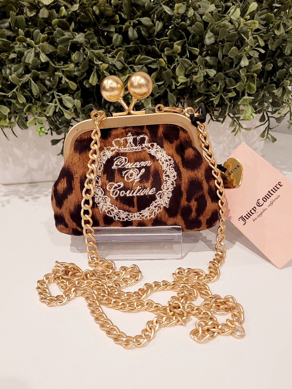 Juicy Couture Leopard Print Kiss-Lock Wristlet with Gold Chain